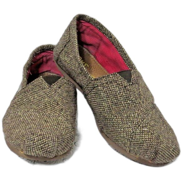 Toms Classic Brown Sz 6.5 Gold Woven Alpargatas Slip On Ballet Flats Shoes - Picture 1 of 8